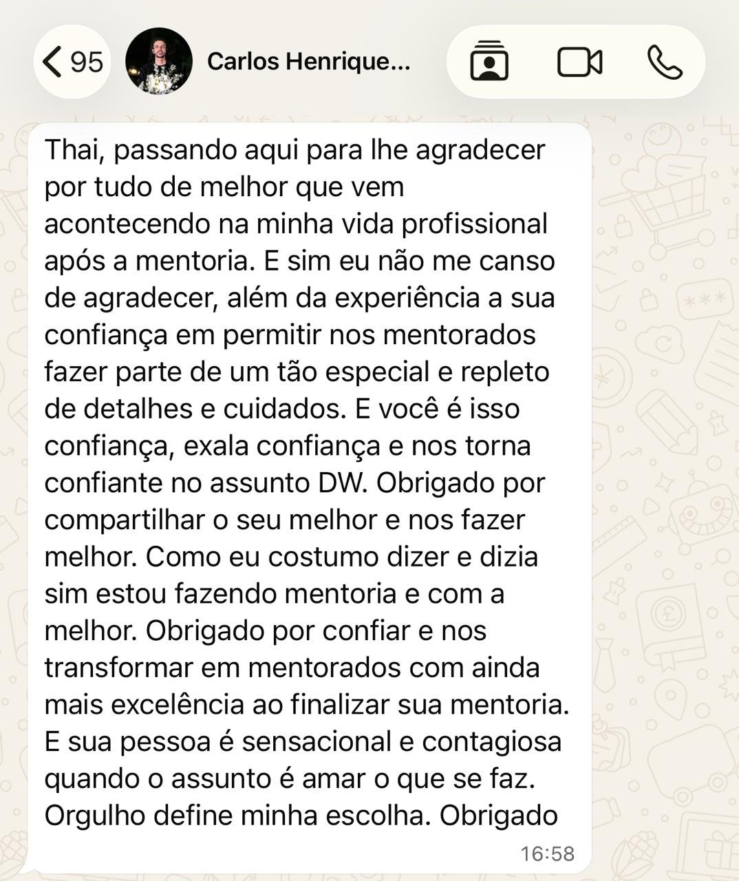 Print de conversa no WhatsApp: depoimento de Carlos Henrique sobre a mentoria